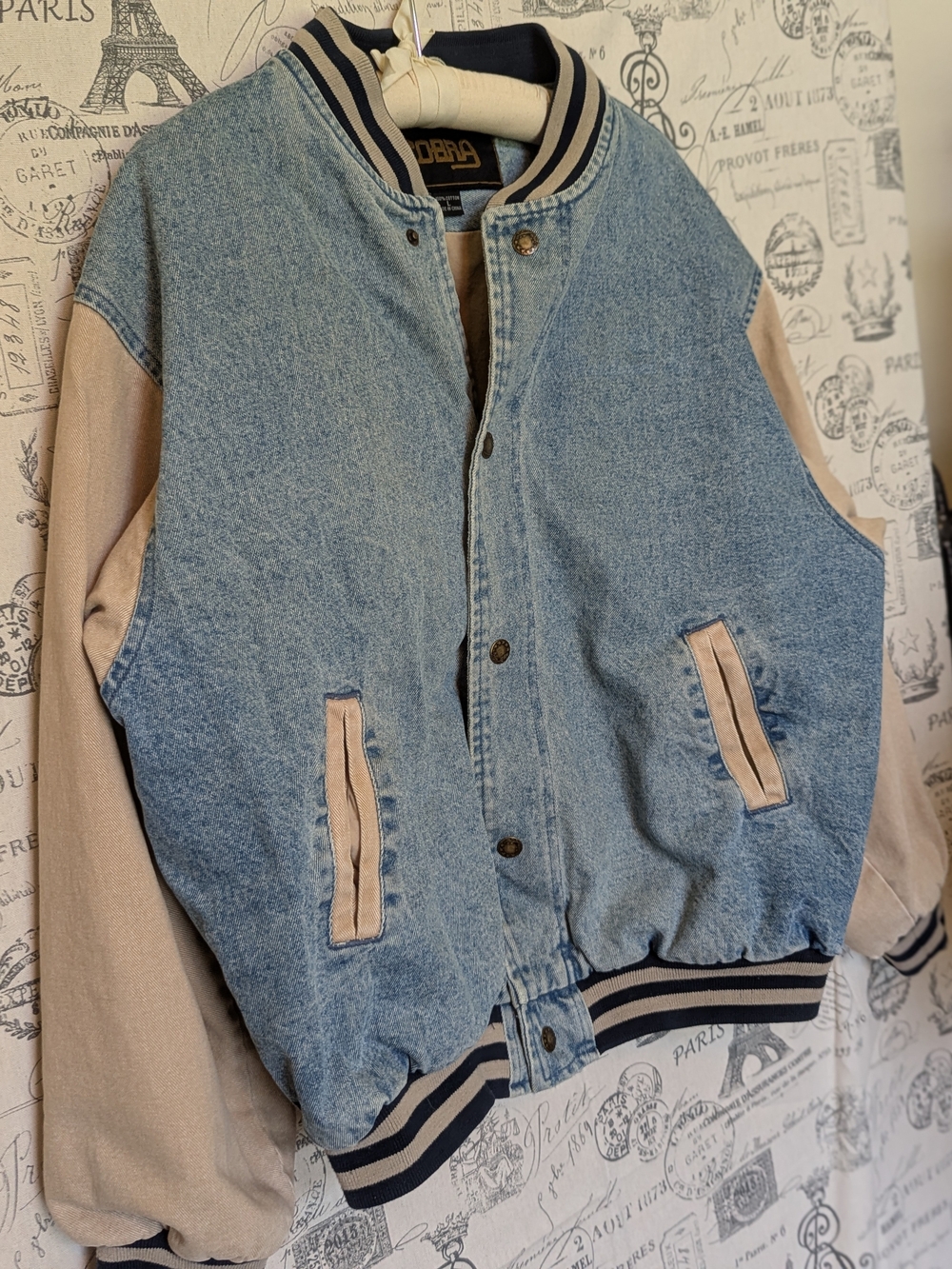 Vintage 90s Men's Cobra Denim & Tan Vasity Style Bomber Jacket Size L